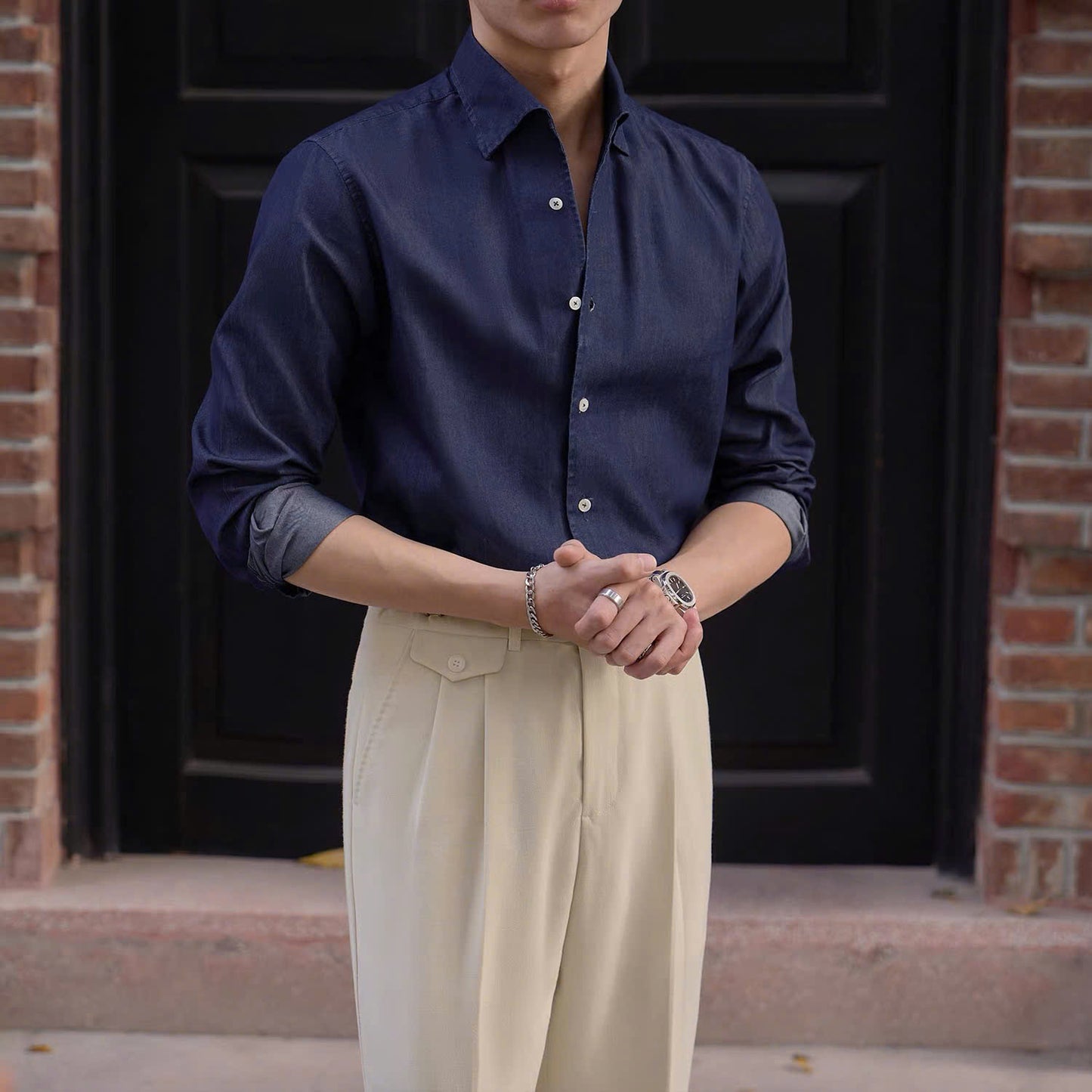 Modern Denim Shirt with Hidden Button-Down Collar