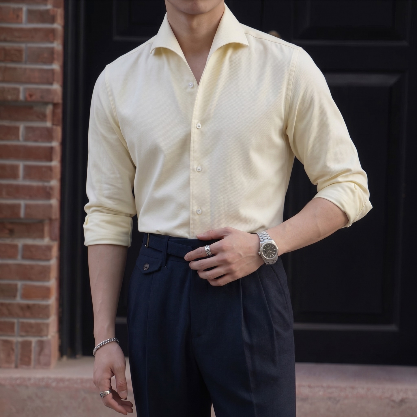Modern Denim Shirt with Hidden Button-Down Collar