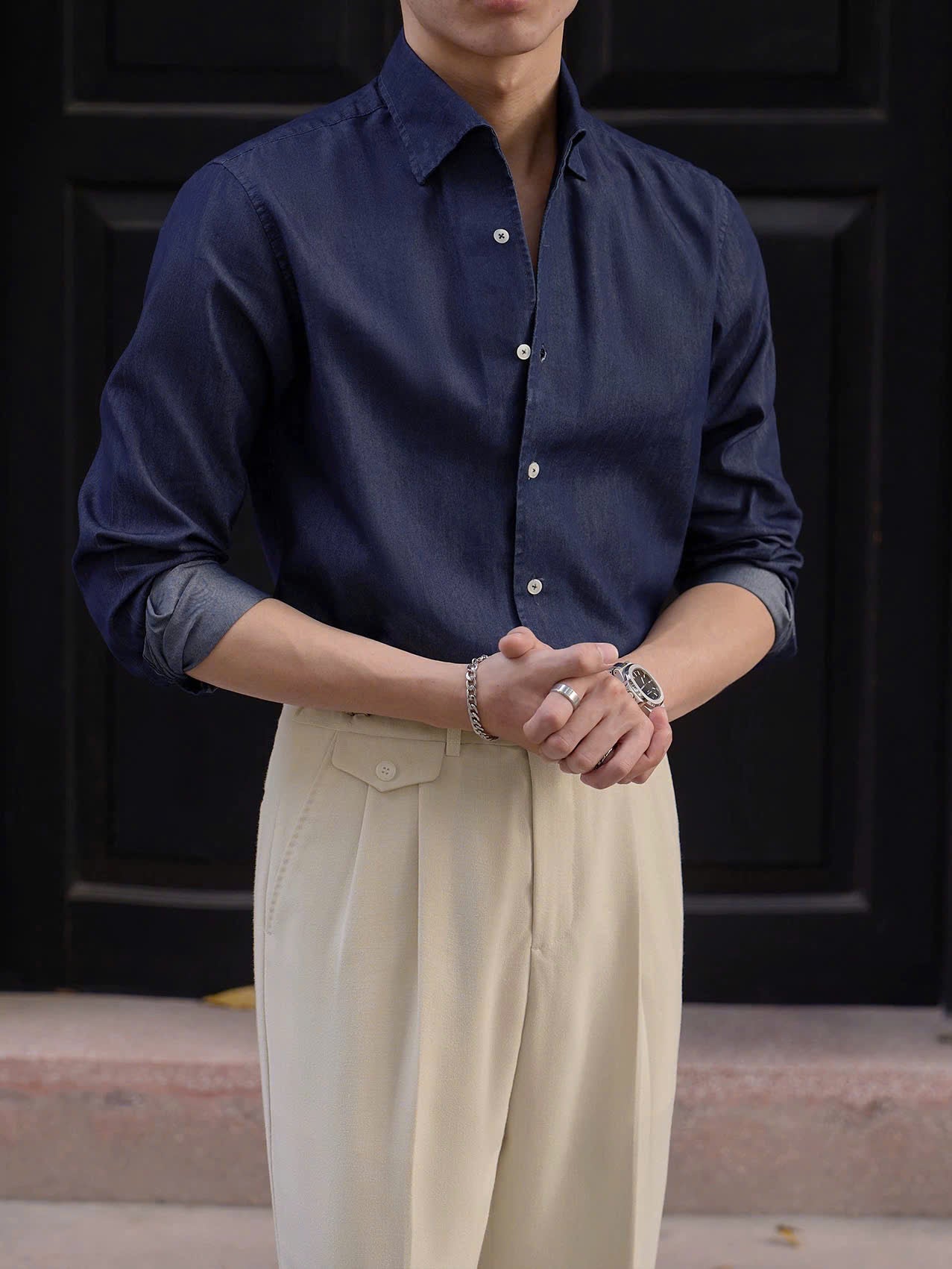 Modern Denim Shirt with Hidden Button-Down Collar