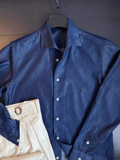 Modern Denim Shirt with Hidden Button-Down Collar