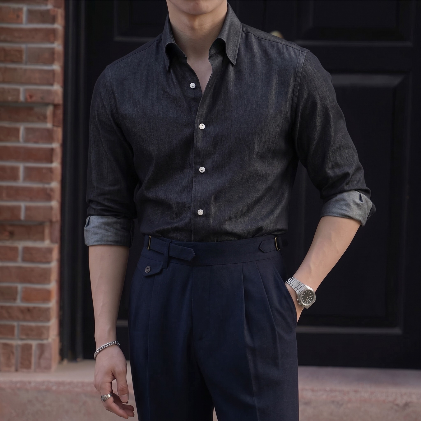 Modern Denim Shirt with Hidden Button-Down Collar