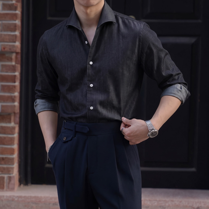 Modern Denim Shirt with Hidden Button-Down Collar