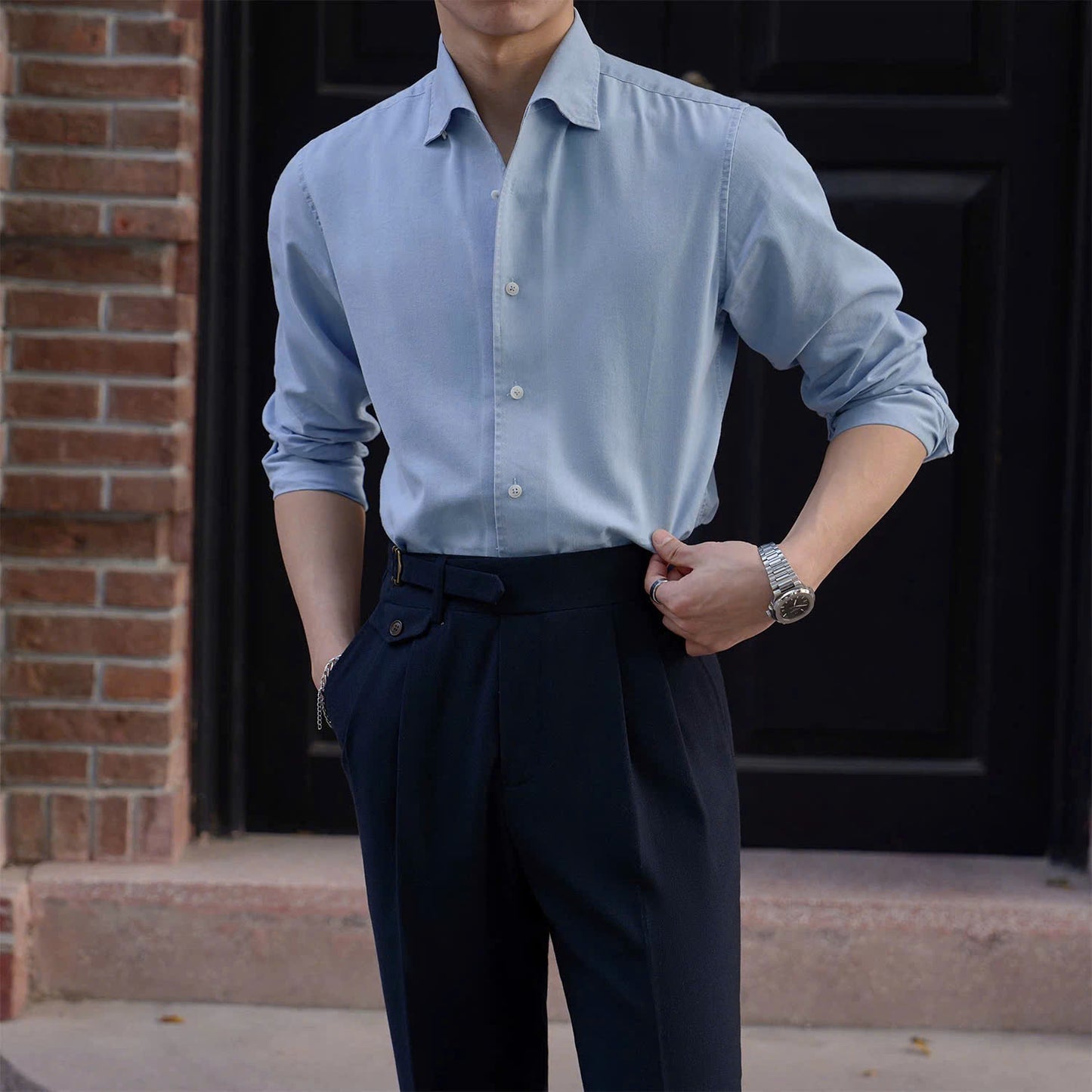 Modern Denim Shirt with Hidden Button-Down Collar