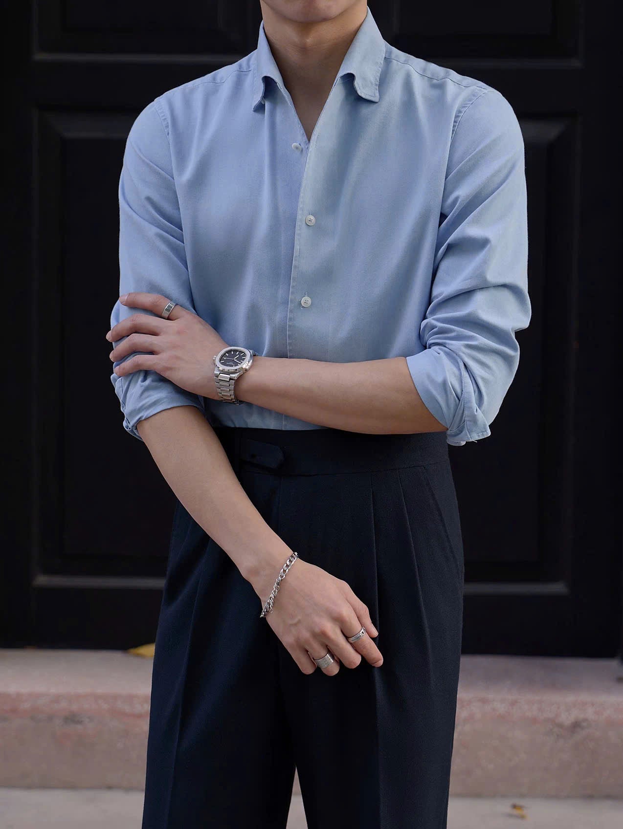 Modern Denim Shirt with Hidden Button-Down Collar