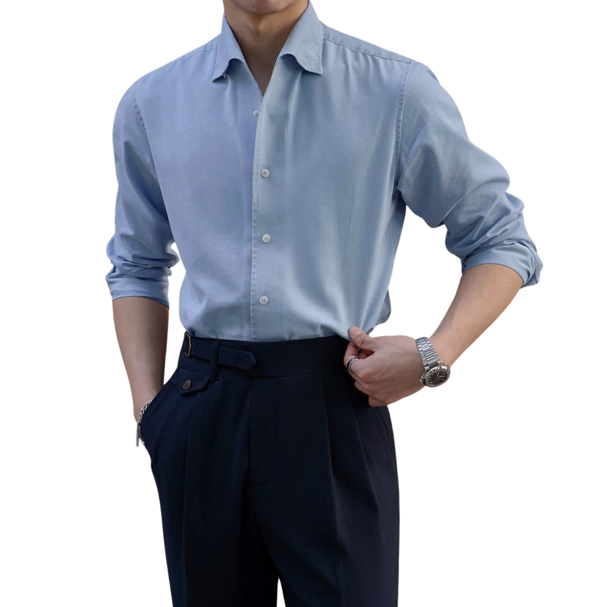 Modern Denim Shirt with Hidden Button-Down Collar