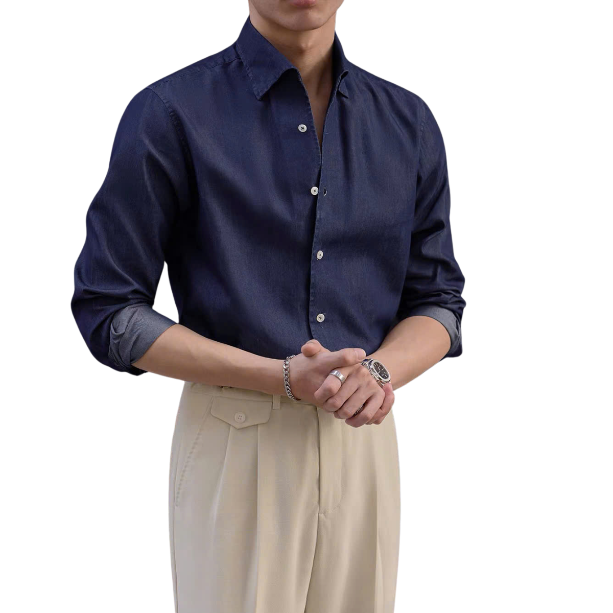 Modern Denim Shirt with Hidden Button-Down Collar