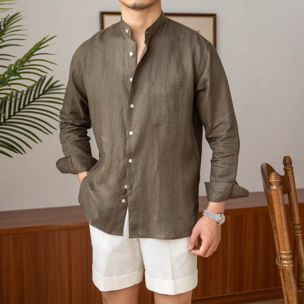 Mandarin Colar Linen Shirt